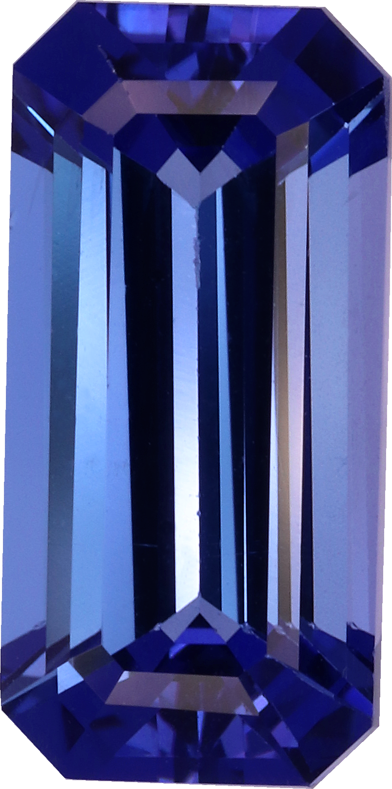 Rectangular cut tanzanite, 14.11 by 6.95 mm, shown at actual size
