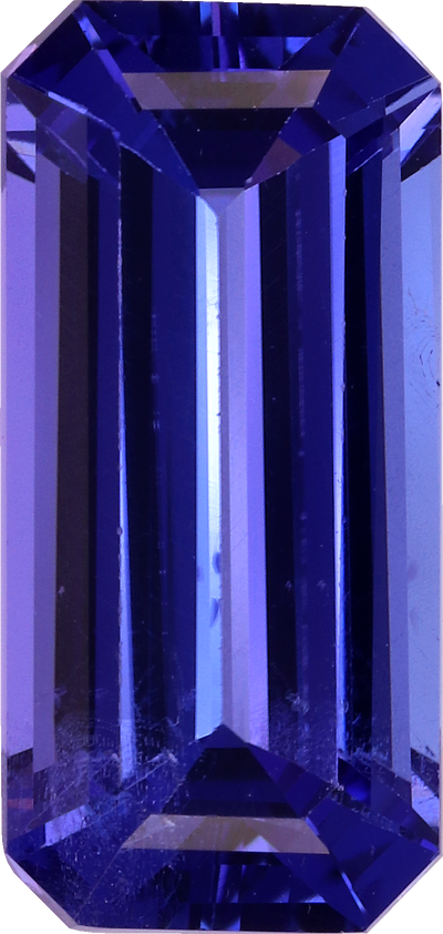 Rectangular cut tanzanite, 14.89 by 7.13 mm, shown at actual size