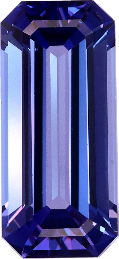 Rectangular cut tanzanite, 14.41 by 6.58 mm, shown at actual size