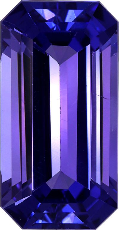 Rectangular cut tanzanite, 12.39 by 6.43 mm, shown at actual size