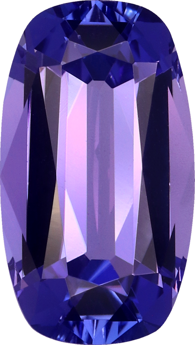 Cushion cut tanzanite, 11.96 by 6.81 mm, shown at actual size