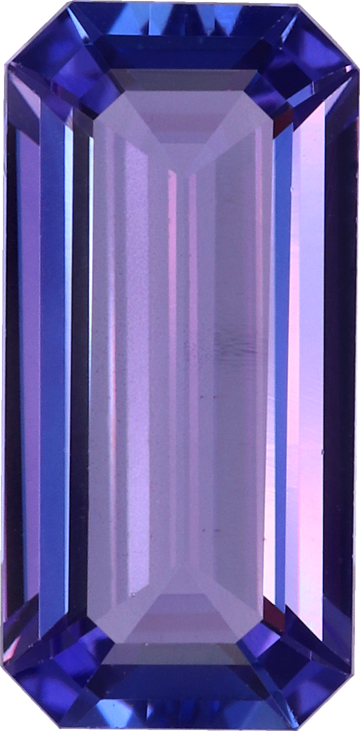Rectangular cut tanzanite, 12.9 by 6.32 mm, shown at actual size