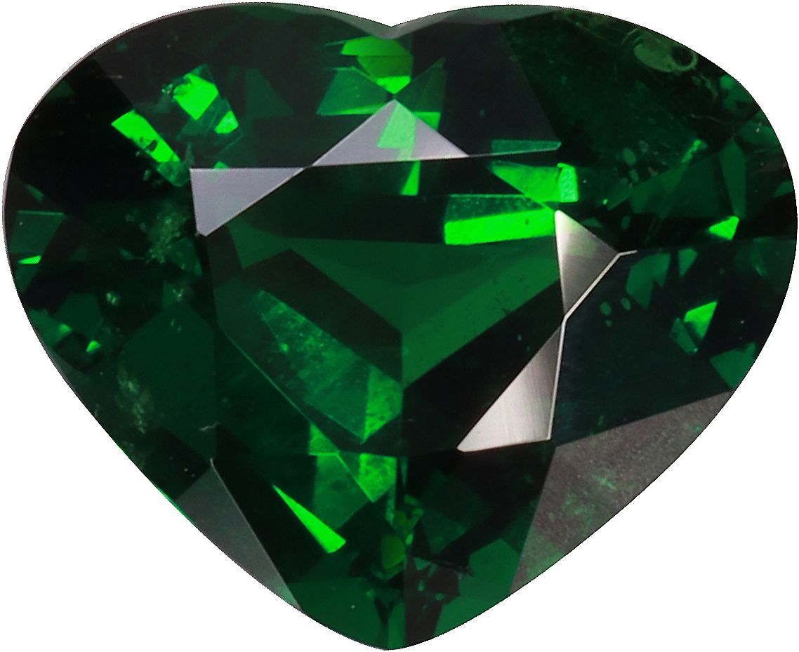Heart cut tsavorite garnet, 9.86 by 8.04 mm, shown at actual size