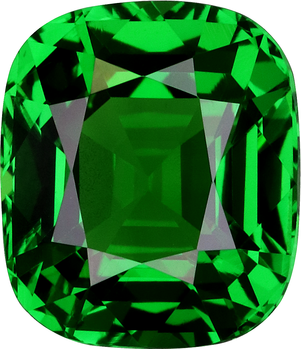 Cushion cut tsavorite garnet, 8.26 by 7.18 mm, shown at actual size