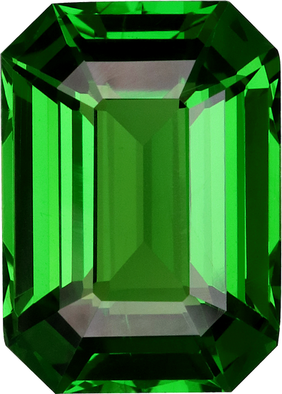 Rectangular cut tsavorite garnet, 9.26 by 6.61 mm, shown at actual size
