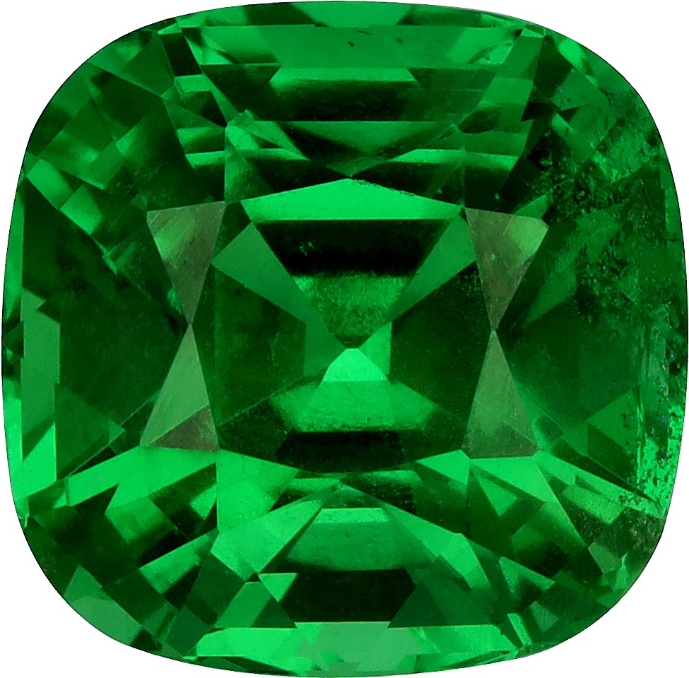Cushion cut tsavorite garnet, 8.5 by 8.4 mm, shown at actual size