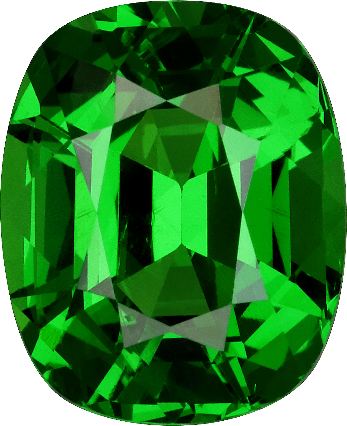 Cushion cut tsavorite garnet, 9.58 by 7.83 mm, shown at actual size