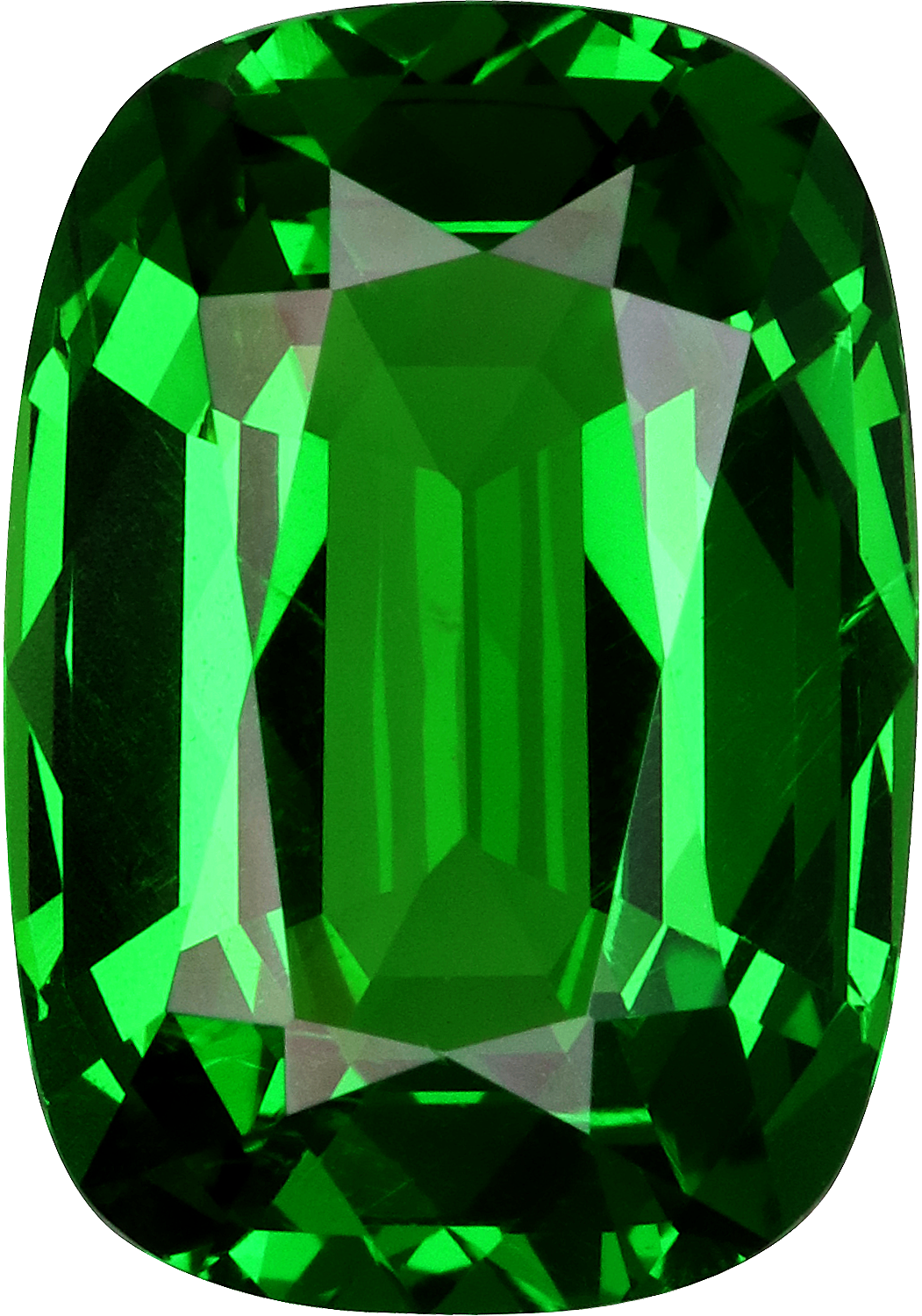 Cushion cut tsavorite garnet, 10.58 by 7.37 mm, shown at actual size