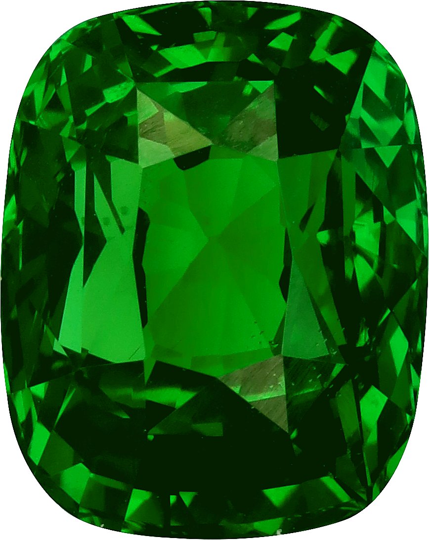 Cushion cut tsavorite garnet, 9.6 by 7.6 mm, shown at actual size