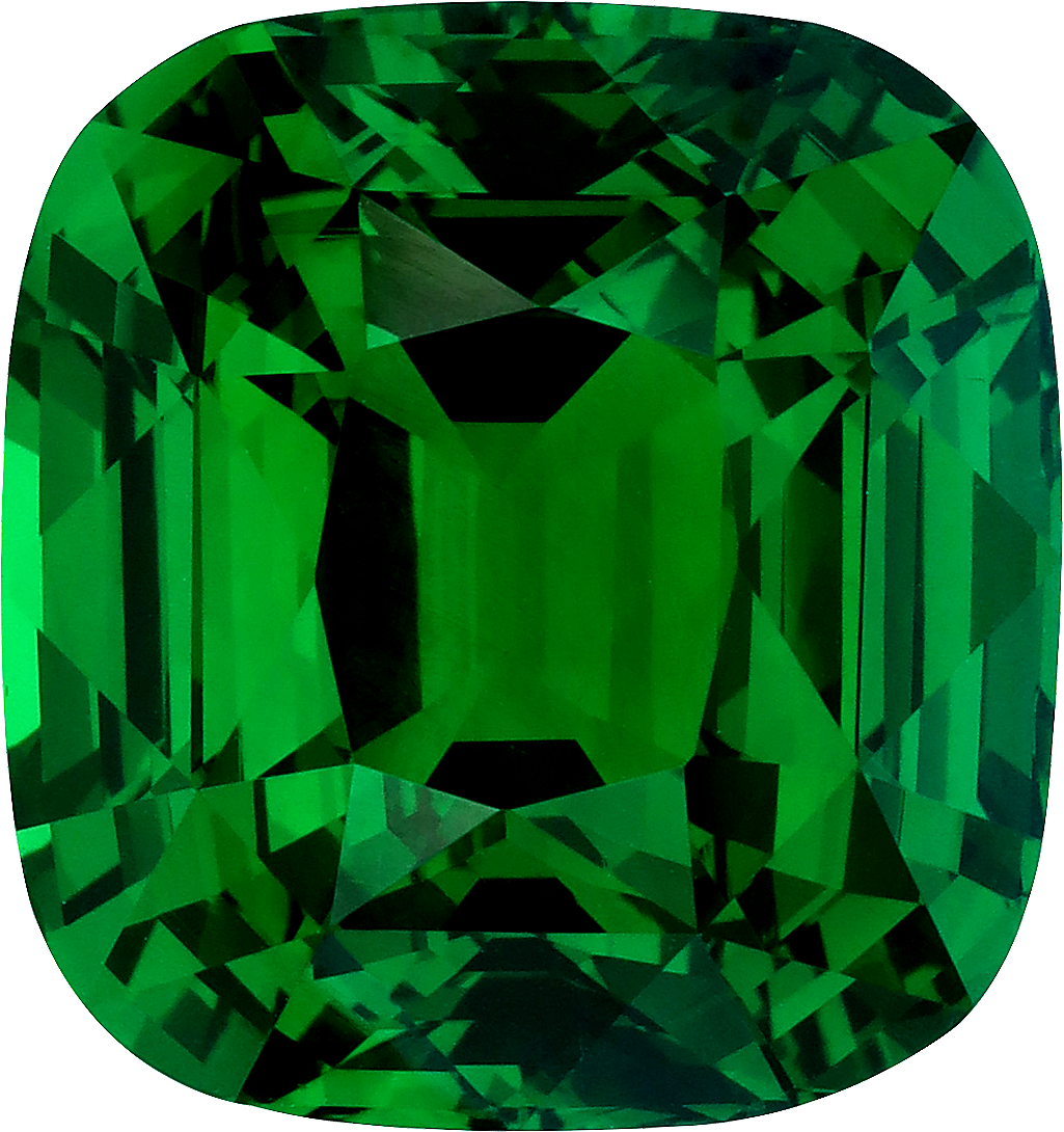 Cushion cut tsavorite garnet, 15.22 by 14.31 mm, shown at actual size
