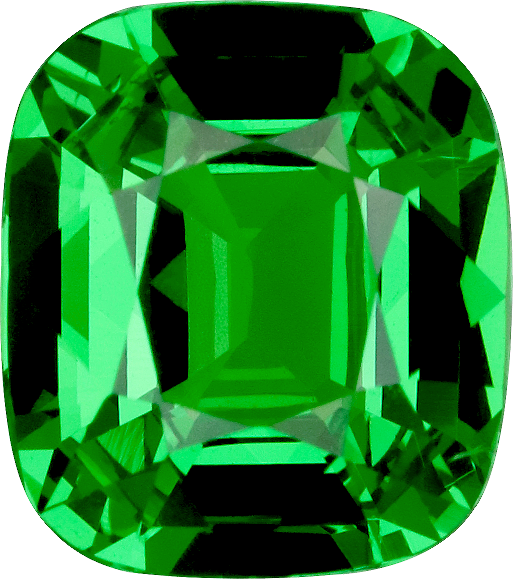 Cushion cut tsavorite garnet, 7.44 by 6.57 mm, shown at actual size