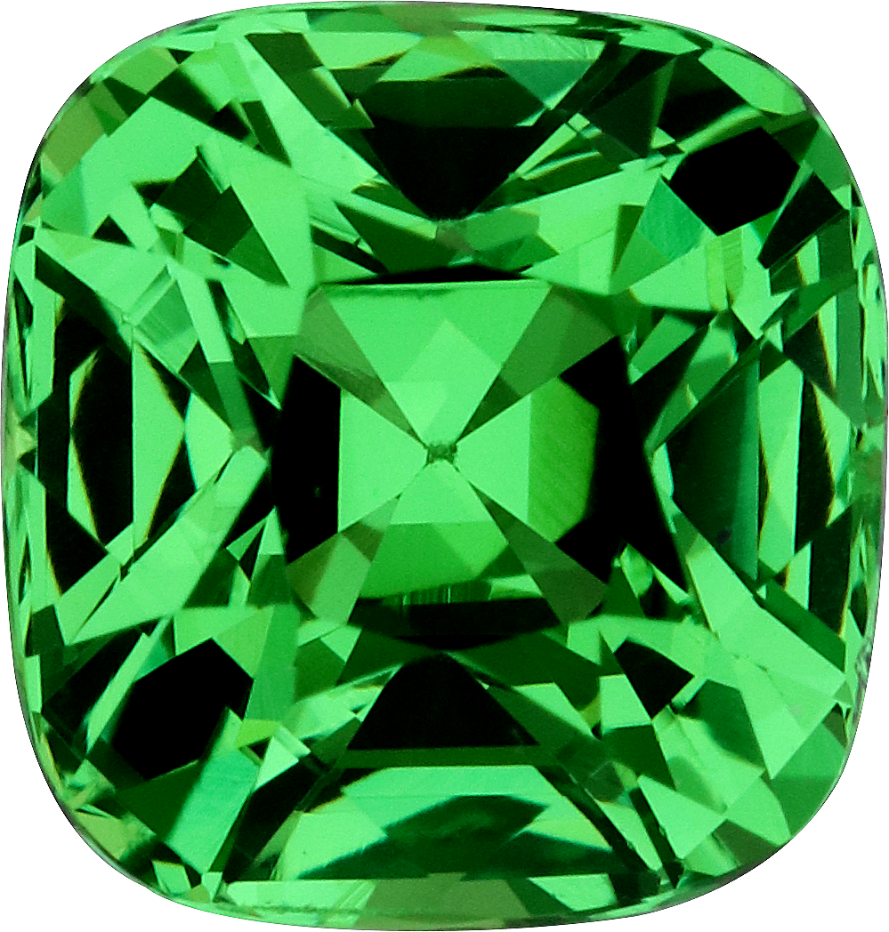 Cushion cut tsavorite garnet, 6.68 by 6.34 mm, shown at actual size