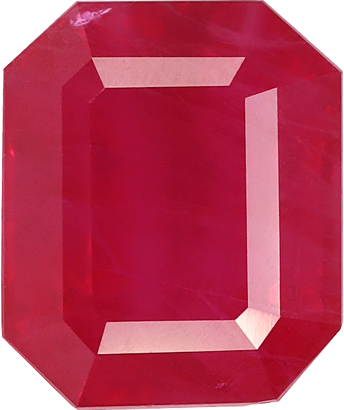 Rectangular cut burma ruby, 5.82 by 6.99 mm, shown at actual size