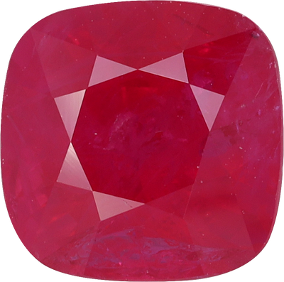 Cushion cut burma ruby, 7.76 by 7.7 mm, shown at actual size