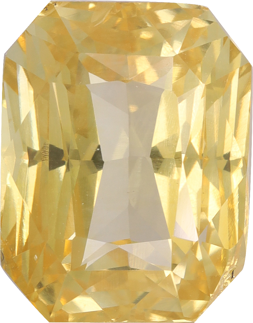 Rectangular cut yellow sapphire, 9.54 by 7.44 mm, shown at actual size