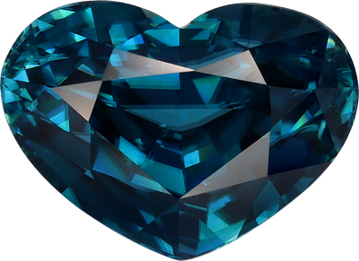 Heart cut blue zircon, 11.69 by 16.19 mm, shown at actual size
