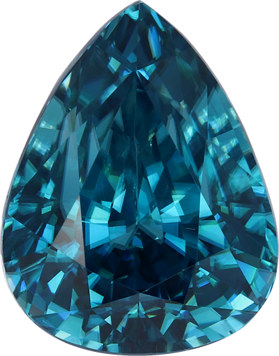 Pear cut blue zircon, 14.31 by 11.24 mm, shown at actual size