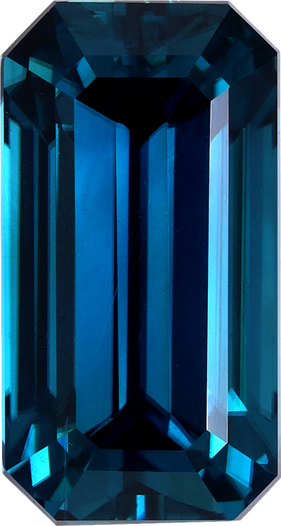 Rectangular cut blue zircon, 13.69 by 7.35 mm, shown at actual size