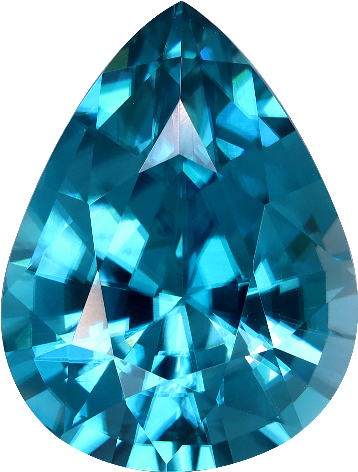 Pear cut blue zircon, 13.8 by 10.55 mm, shown at actual size