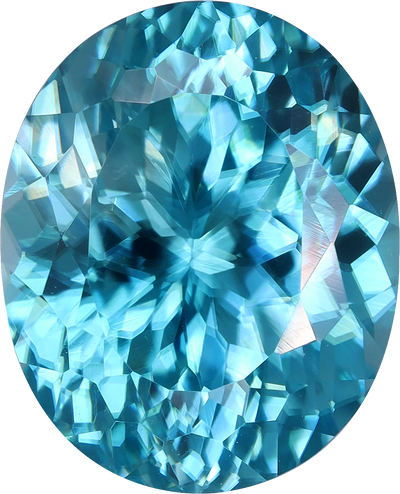 Oval cut blue zircon, 11.19 by 9.04 mm, shown at actual size
