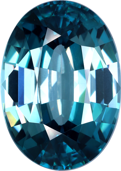 Oval cut blue zircon, 18.44 by 13.15 mm, shown at actual size