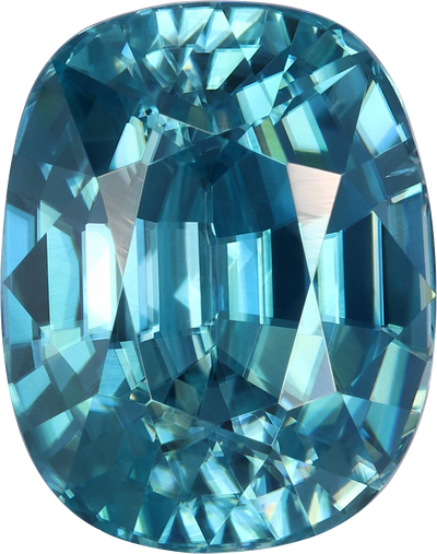 Cushion cut blue zircon, 9.94 by 7.86 mm, shown at actual size