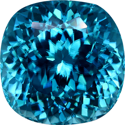Cushion cut blue zircon, 13.82 by 13.8 mm, shown at actual size