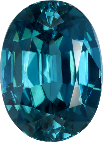 Oval cut blue zircon, 12.91 by 9.39 mm, shown at actual size