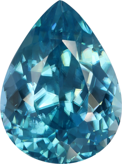 Pear cut blue zircon, 14.65 by 10.85 mm, shown at actual size
