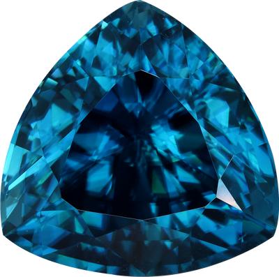 Trilliant cut blue zircon, 20.15 by 19.97 mm, shown at actual size
