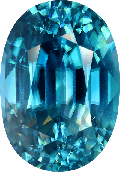 Oval cut blue zircon, 17.23 by 12.11 mm, shown at actual size