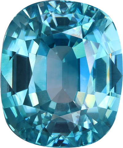 Cushion cut blue zircon, 11.85 by 9.76 mm, shown at actual size