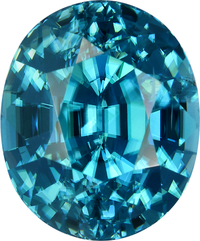 Oval cut blue zircon, 10.21 by 8.5 mm, shown at actual size