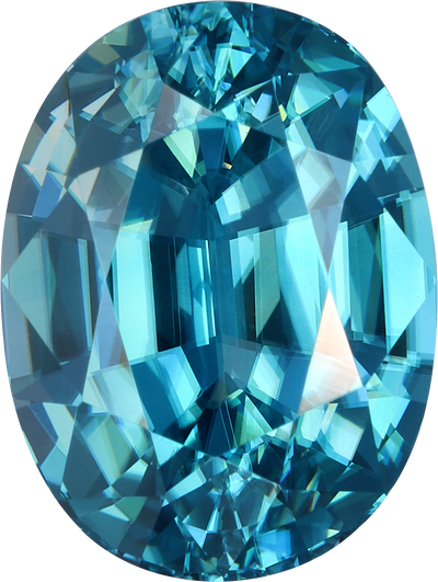 Oval cut blue zircon, 10.64 by 8.05 mm, shown at actual size