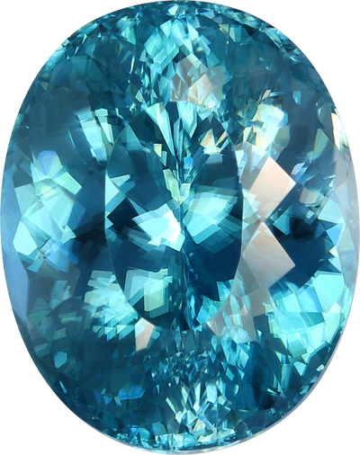 Oval cut blue zircon, 11.15 by 8.81 mm, shown at actual size