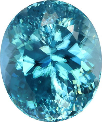 Oval cut blue zircon, 11.05 by 9.14 mm, shown at actual size
