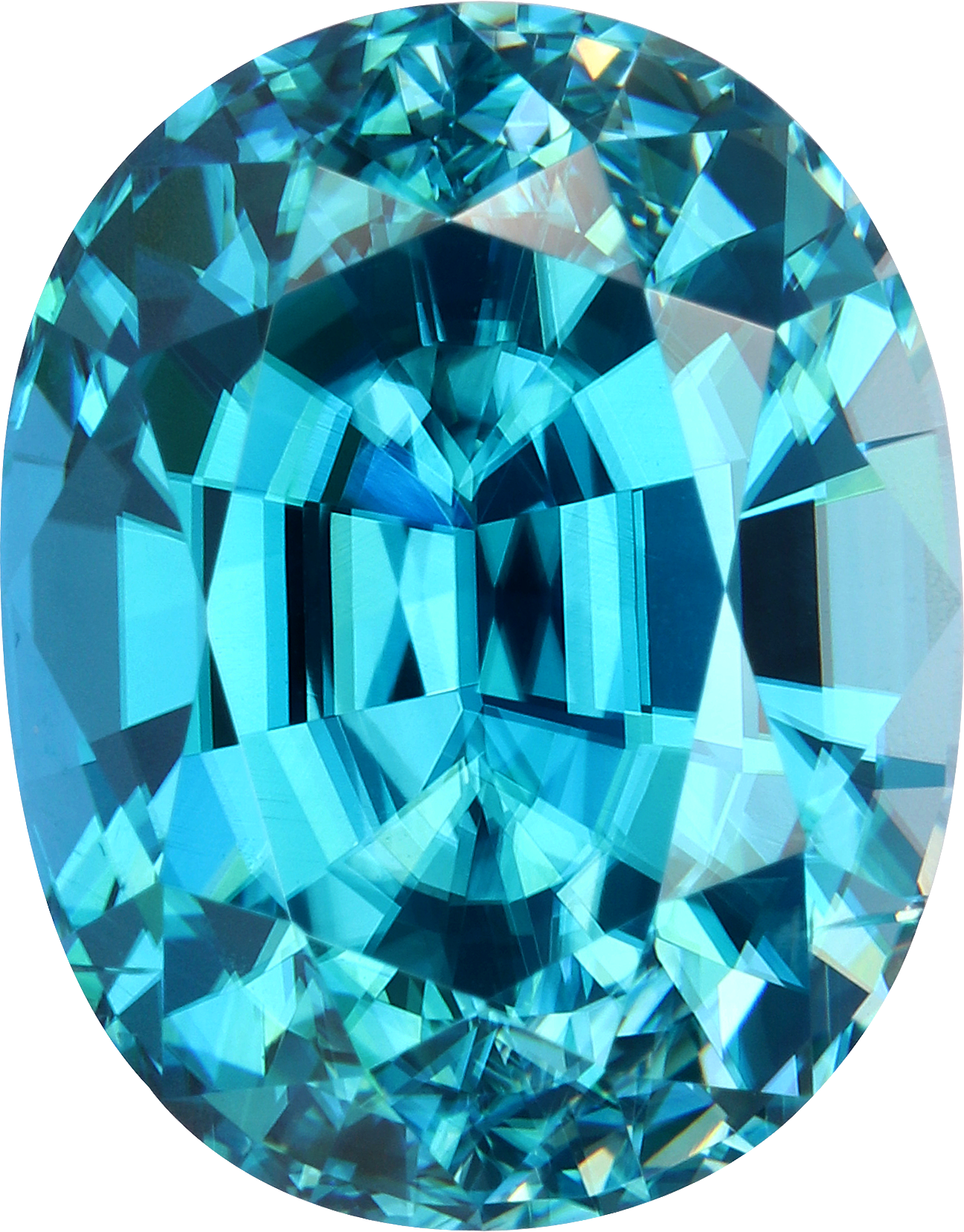 Oval cut blue zircon, 10.77 by 8.45 mm, shown at actual size
