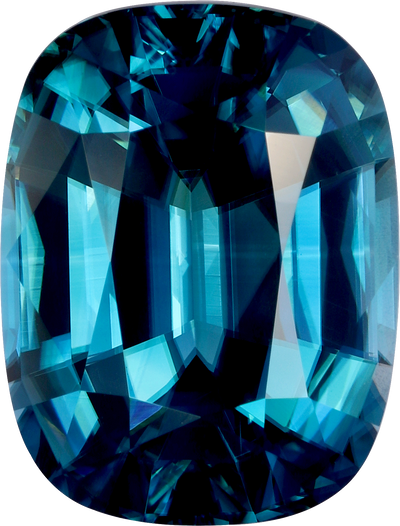 Cushion cut blue zircon, 11.55 by 8.74 mm, shown at actual size