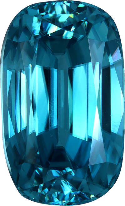 Cushion cut blue zircon, 13.64 by 8.26 mm, shown at actual size