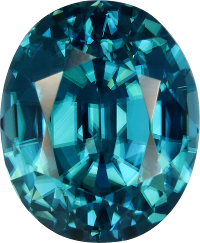 Oval cut blue zircon, 8.91 by 7.32 mm, shown at actual size