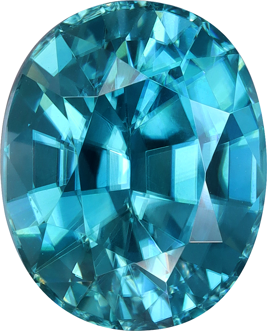 Oval cut blue zircon, 10.05 by 8.12 mm, shown at actual size