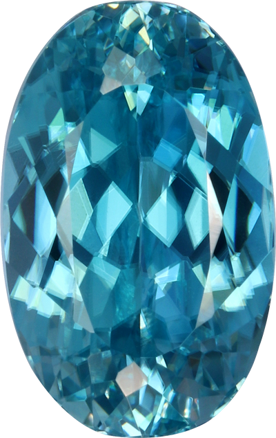 Oval cut blue zircon, 9.68 by 6.12 mm, shown at actual size