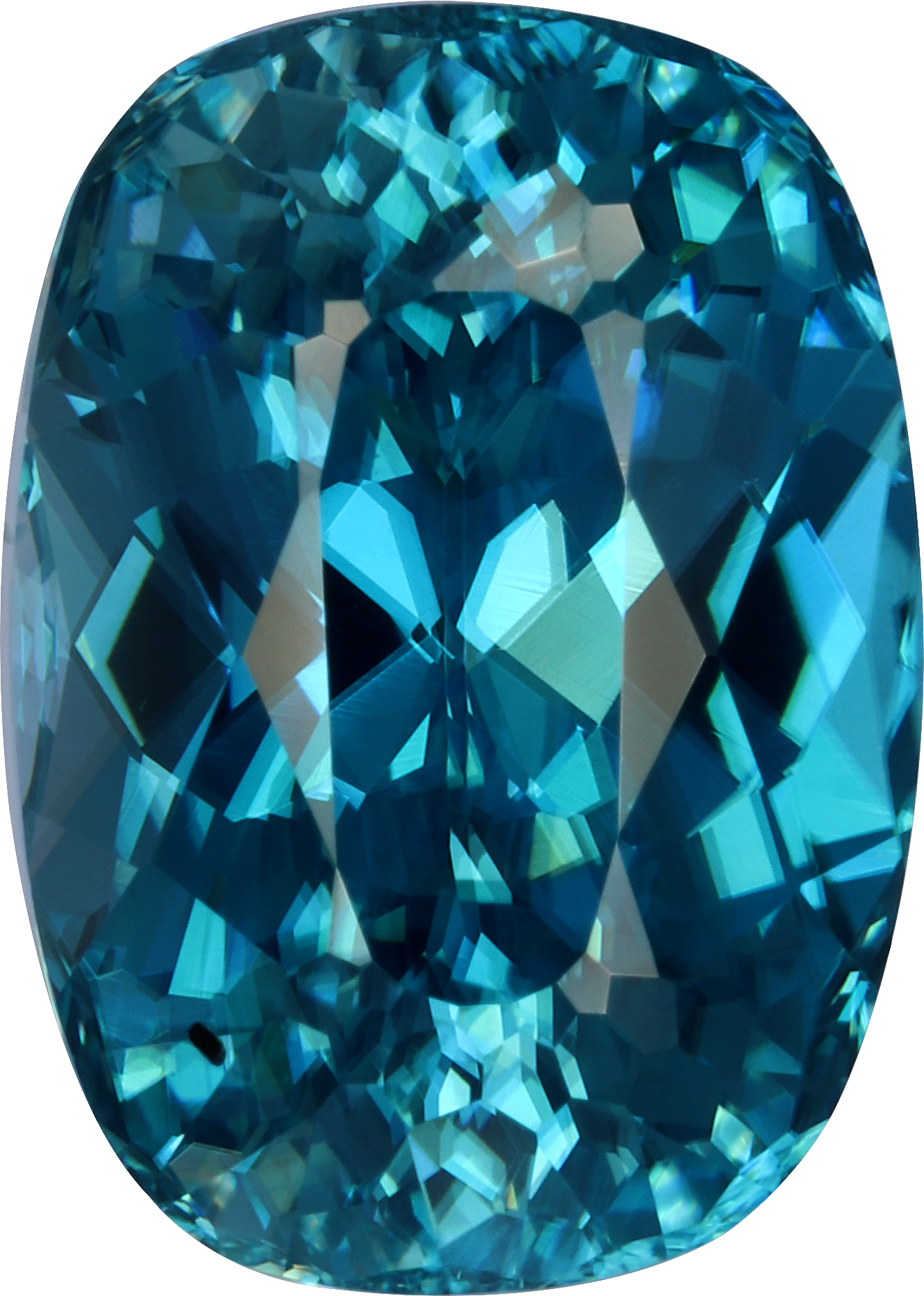 Cushion cut blue zircon, 11.61 by 8.25 mm, shown at actual size