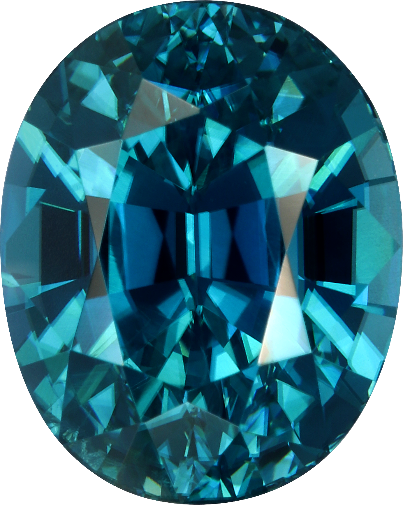 Oval cut blue zircon, 10.69 by 8.57 mm, shown at actual size