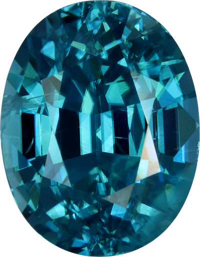Oval cut blue zircon, 8.98 by 7.06 mm, shown at actual size