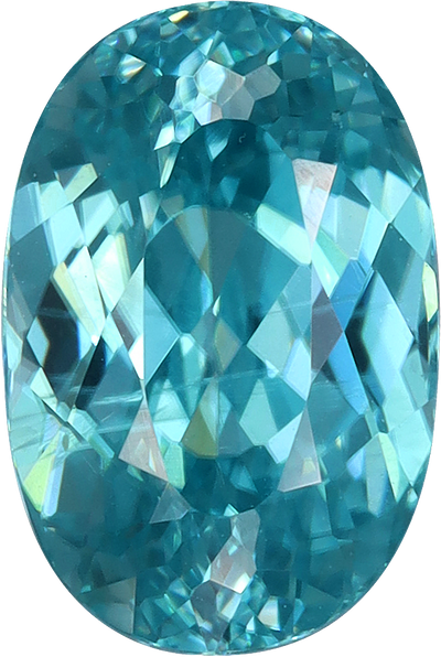 Oval cut blue zircon, 9 by 6.04 mm, shown at actual size
