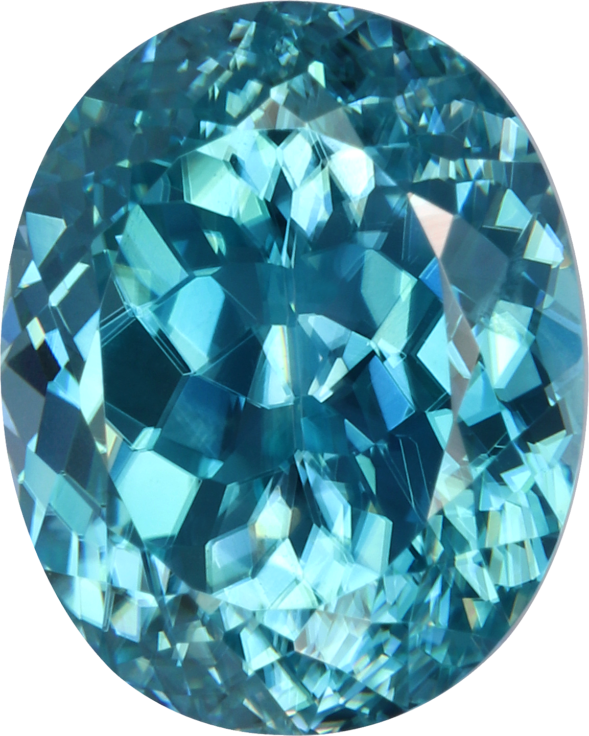 Oval cut blue zircon, 8.89 by 7.17 mm, shown at actual size
