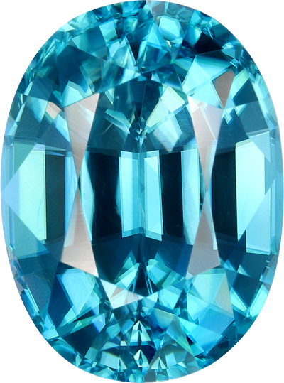 Oval cut blue zircon, 10.68 by 7.91 mm, shown at actual size