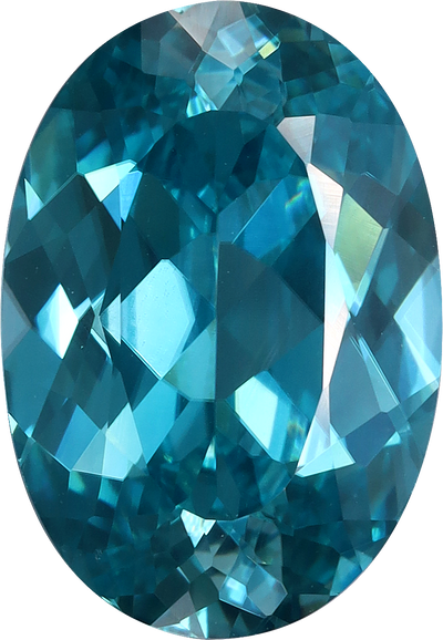 Oval cut blue zircon, 12.32 by 8.49 mm, shown at actual size