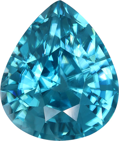 Pear cut blue zircon, 12.05 by 10.23 mm, shown at actual size